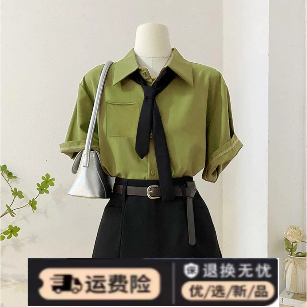 牛油果绿不规则下摆气质复古设计感短袖领带衬衫女夏季新款上衣