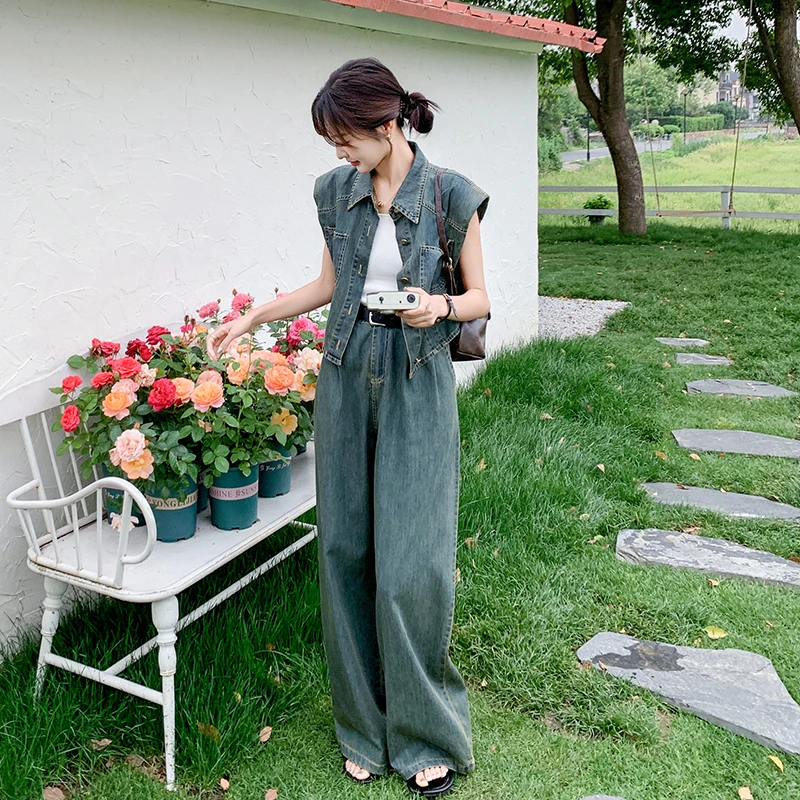 又A又飒网红牛仔套装裤女夏薄2025新款酷飒拽姐马甲阔腿裤两件套