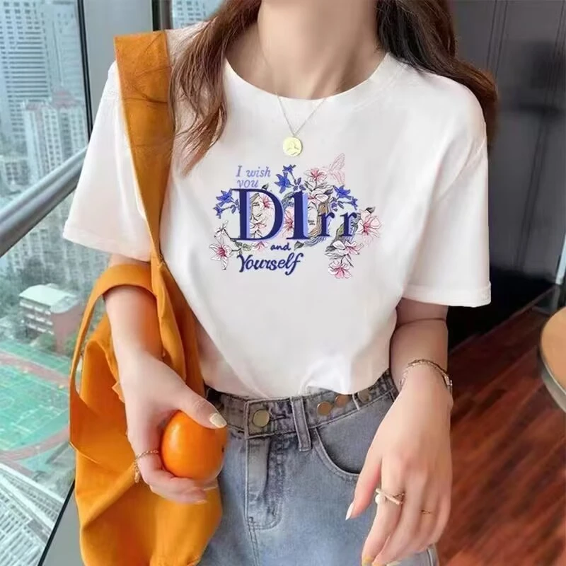 【字母鲜花】圆领百搭纯色短袖短款纯棉吸汗印花时尚T恤宽松夏季