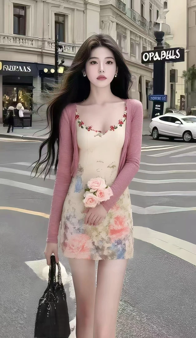 秋季新款时尚纯欲甜辣风撞色碎花U领修身连衣裙+百搭开衫两件套
