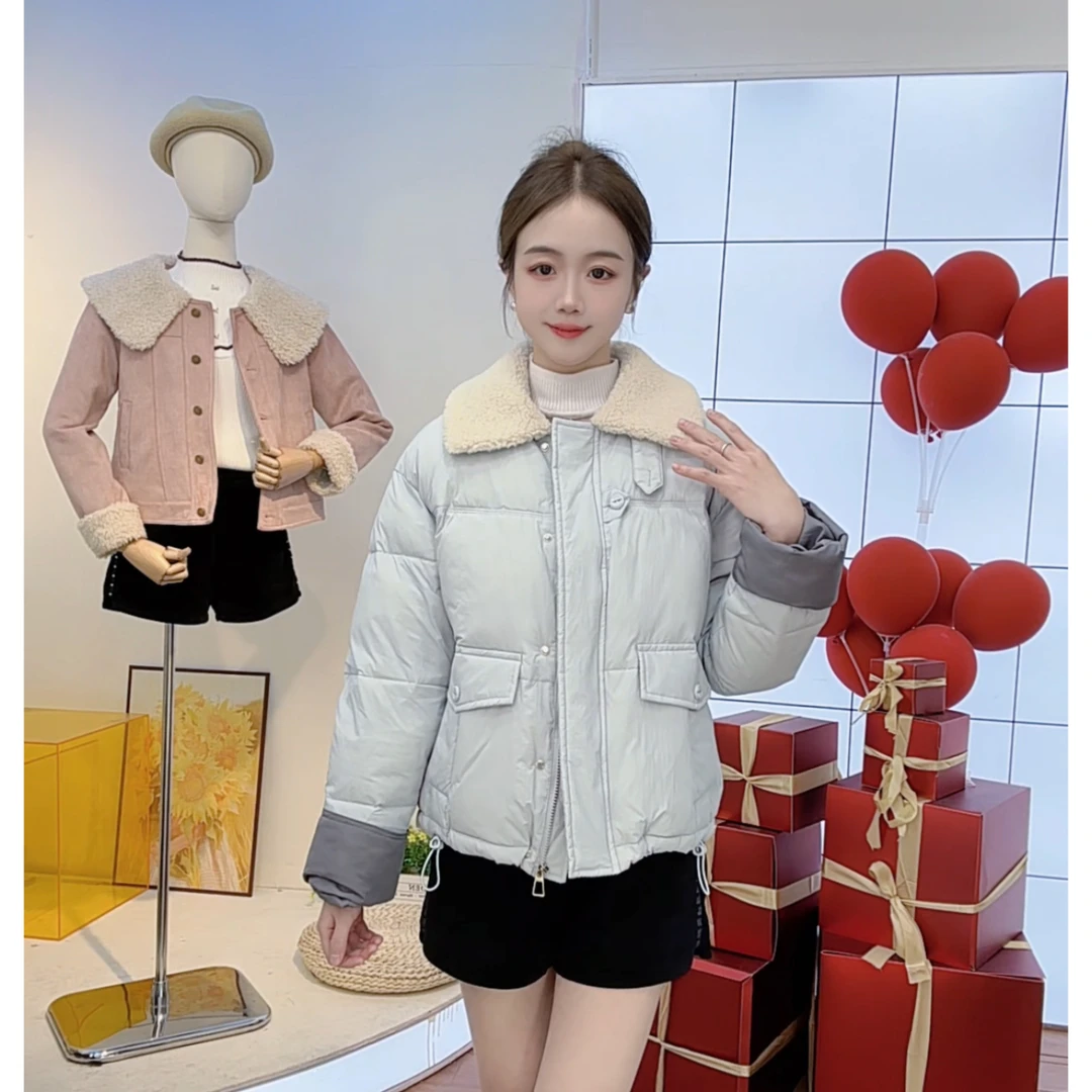 【现货清仓】2024冬季新款毛领短款加厚保暖女撞色百搭棉服外套