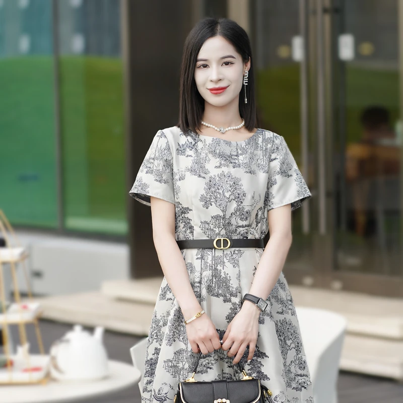 罗美拉品牌 高端定制气质高雅水墨印花收腰显瘦连衣裙#729