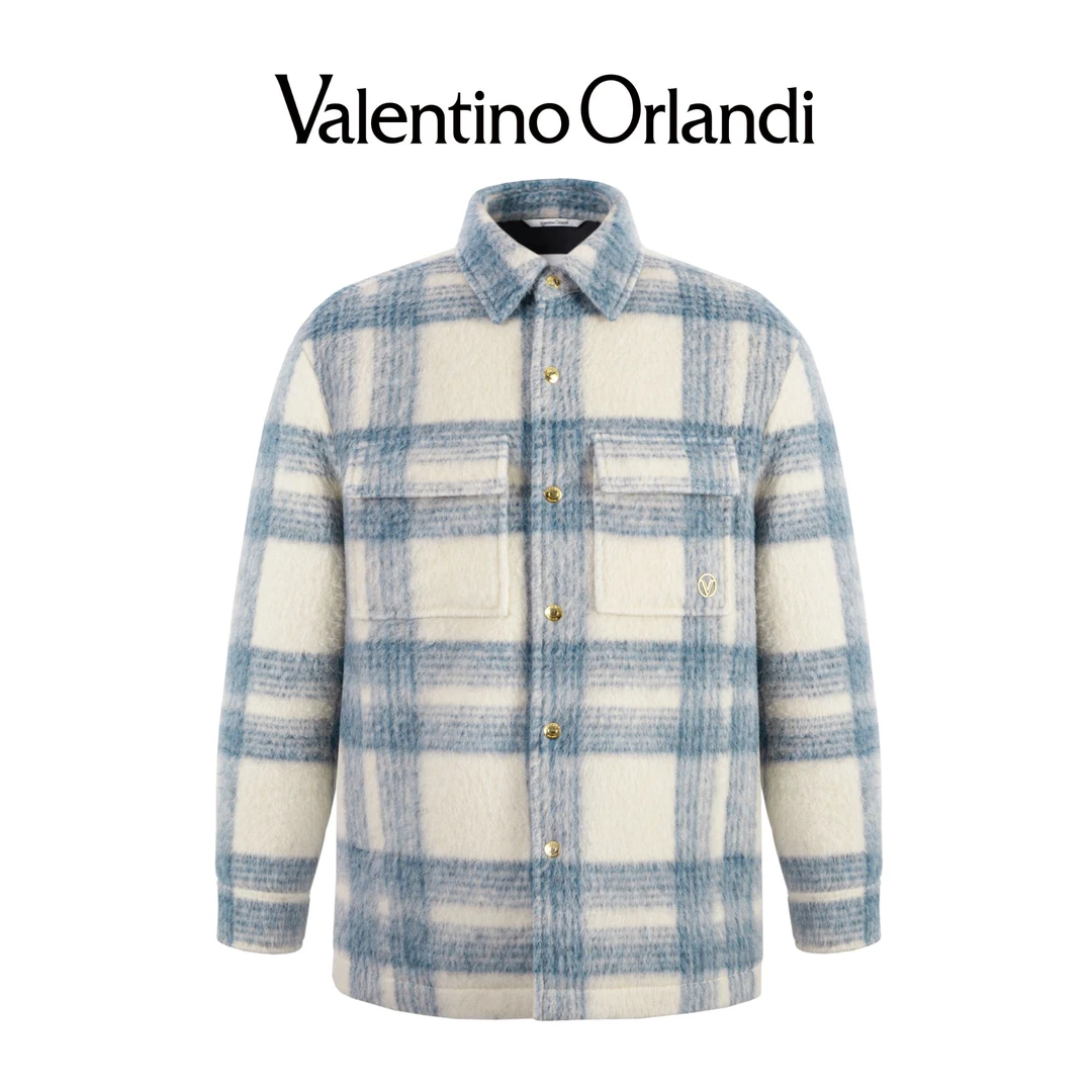 Valentino orlandi男士秋冬B版时尚百搭格纹长毛绵羊毛毛呢外套