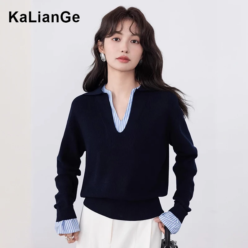 卡莲格/假两件条纹撞色长袖针织衫女秋季款时尚百搭减龄显瘦上衣