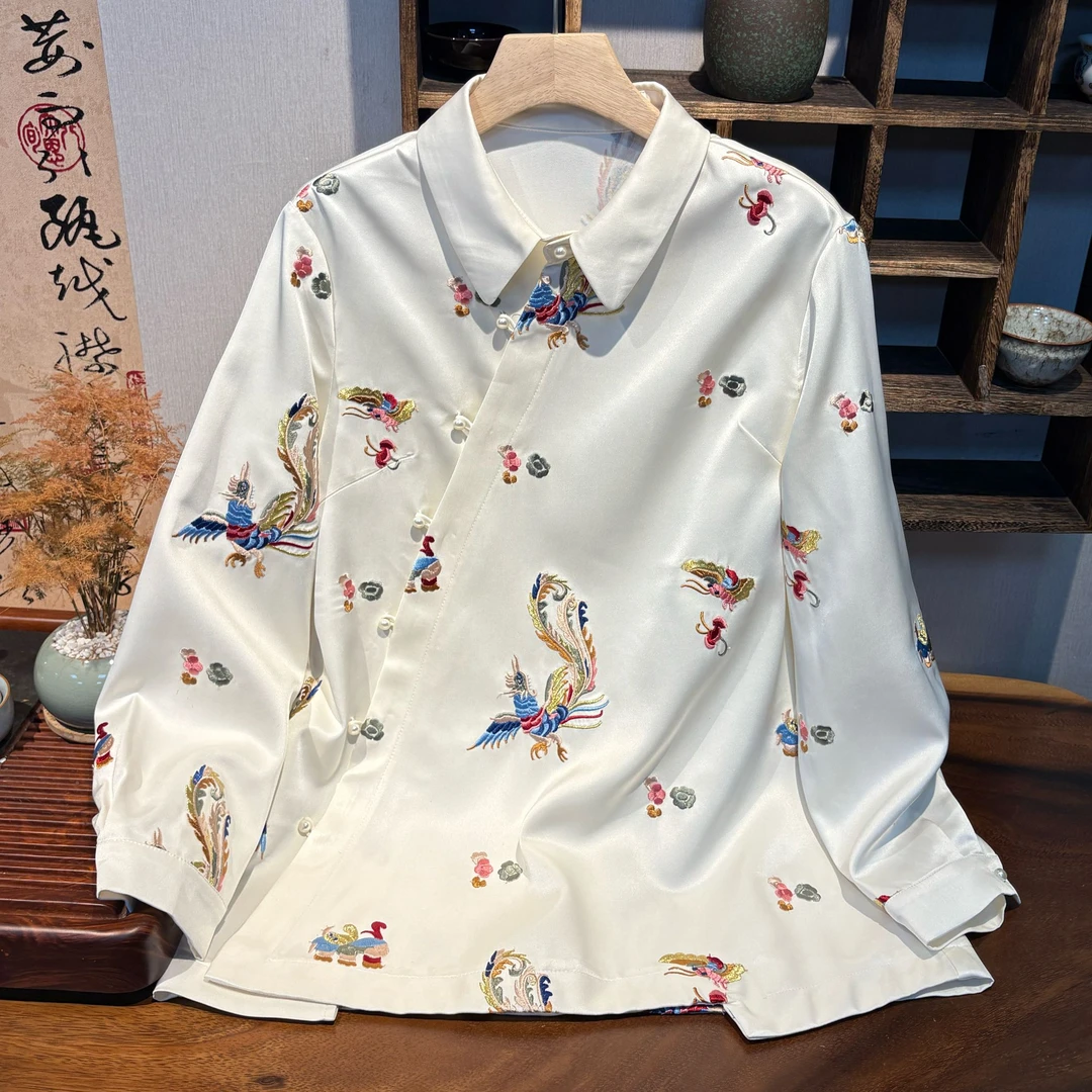 YUEZHE2025冬季新款国风刺绣醋酸衬衫女新中式黑色上衣时尚衬衣