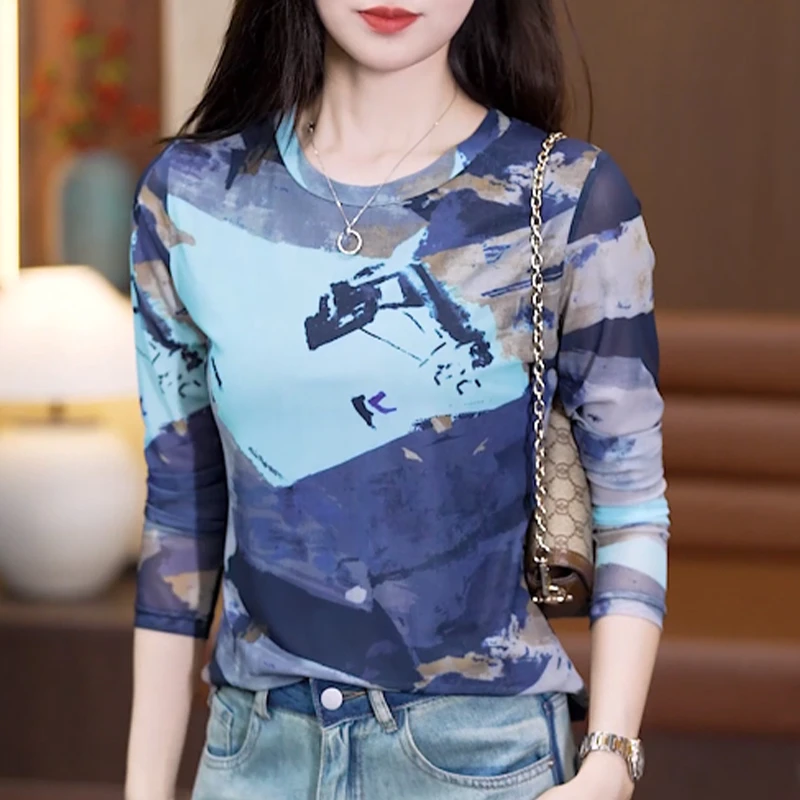蓝色水墨画印花长袖T恤女2025新款网纱薄款休闲百搭减龄显瘦上衣