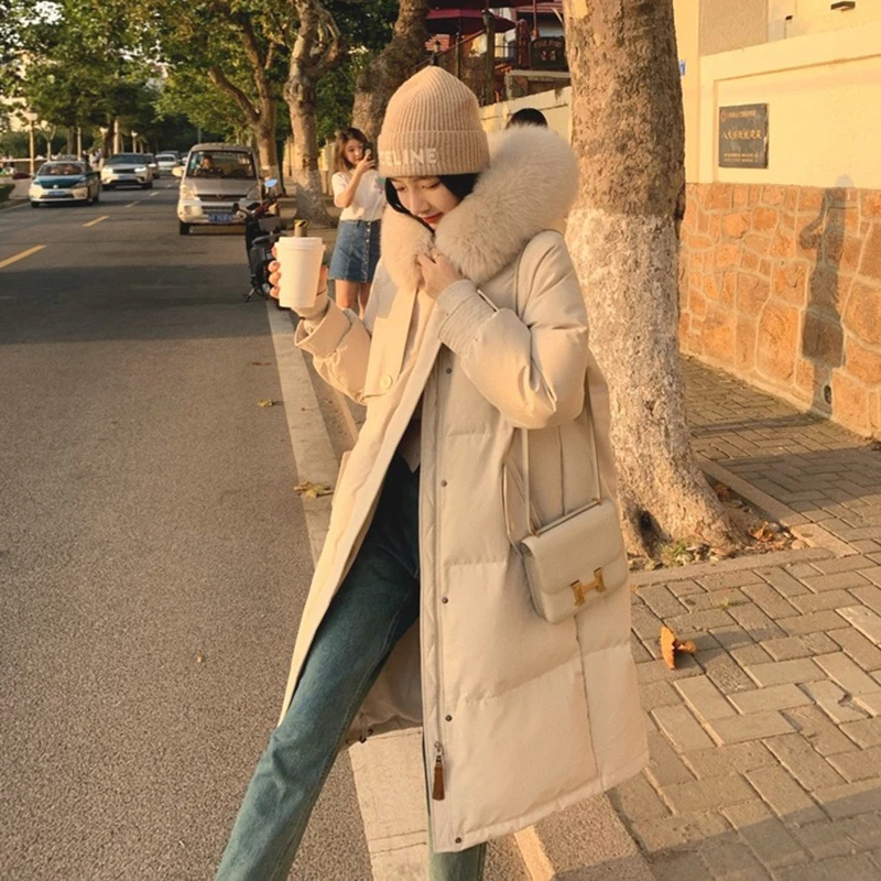 2025年新款韩版羽绒服女中长款大毛领加厚冬风衣款时尚宽松外套