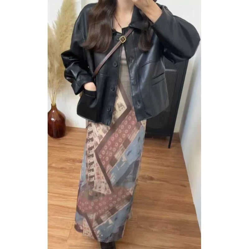 美式黑色复古皮衣女短款2025新款高级气质休闲宽松夹克外套