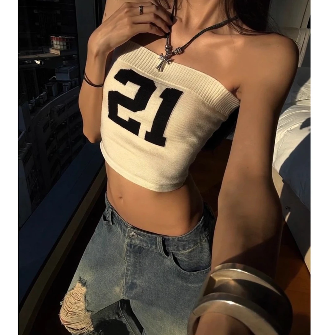 美式街头复古数字21针织抹胸背心2025夏新款性感辣妹修身短款上衣
