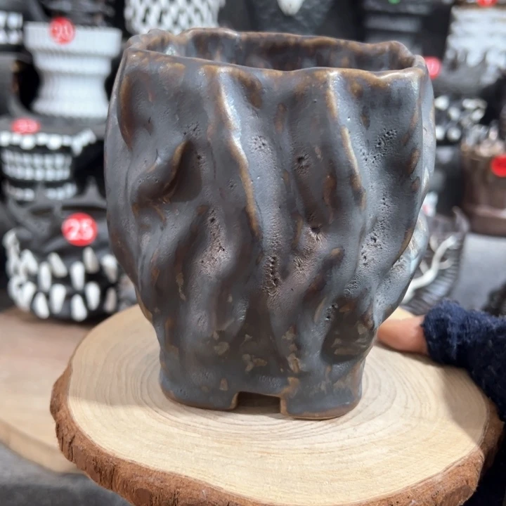 紫砂花盆手捏方口盆，内口9.5外高12.8