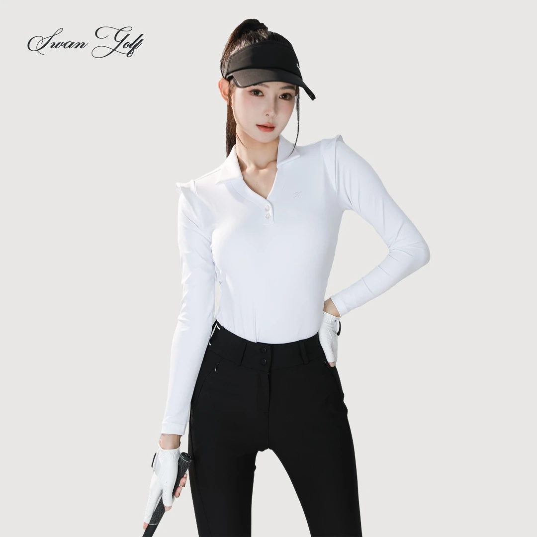 秋冬高尔夫服装女款小飞袖polo领运动厚款修身纯色高弹长袖T恤女