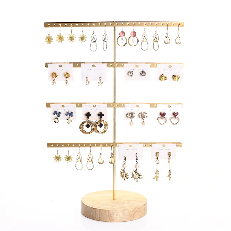 实木铁艺四层耳环架大容量挂耳钉架收纳首饰架桌面摆摊饰品展示架