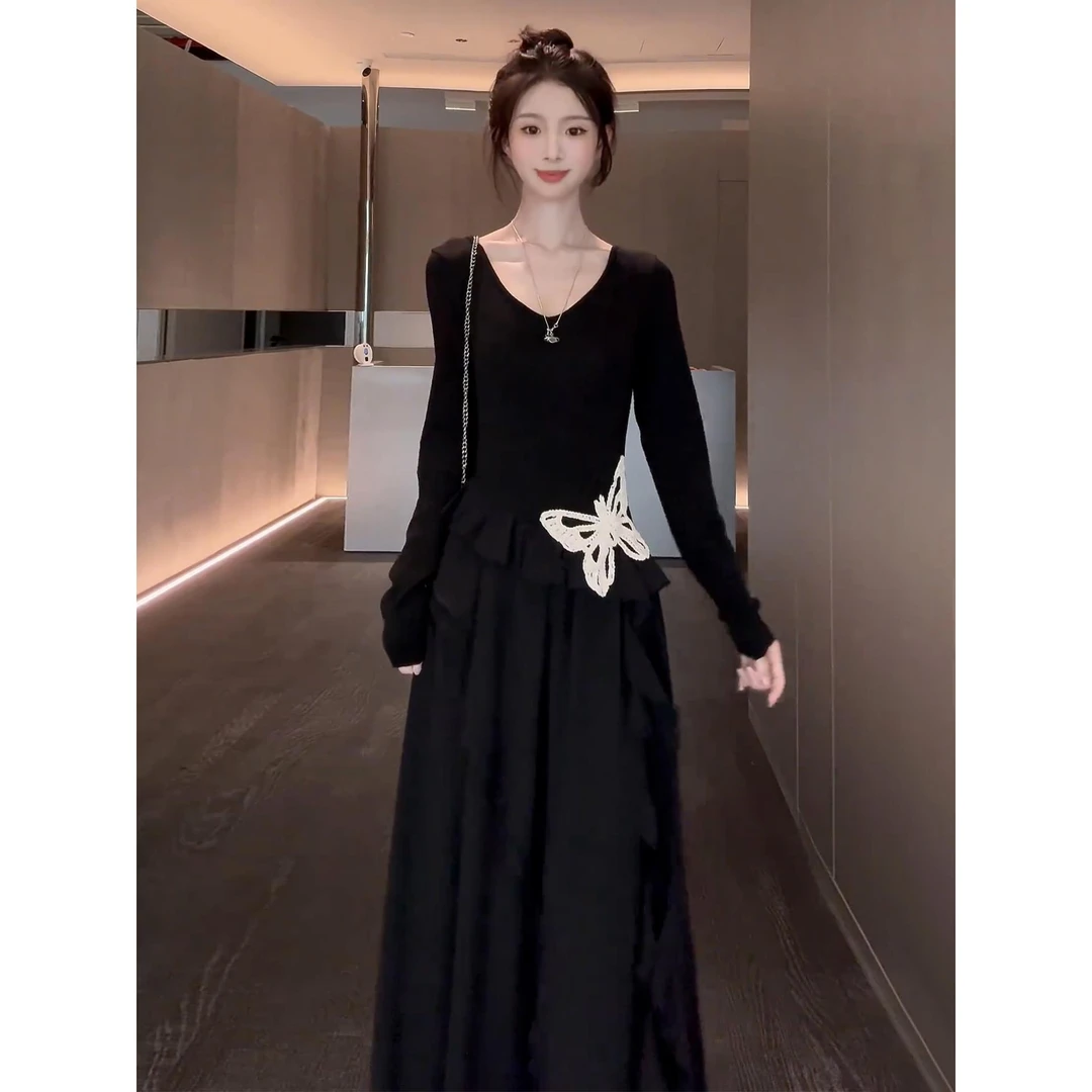 法式不规则蝴蝶黑色长袖连衣裙子女2025新款夏季掐腰长裙早秋穿搭