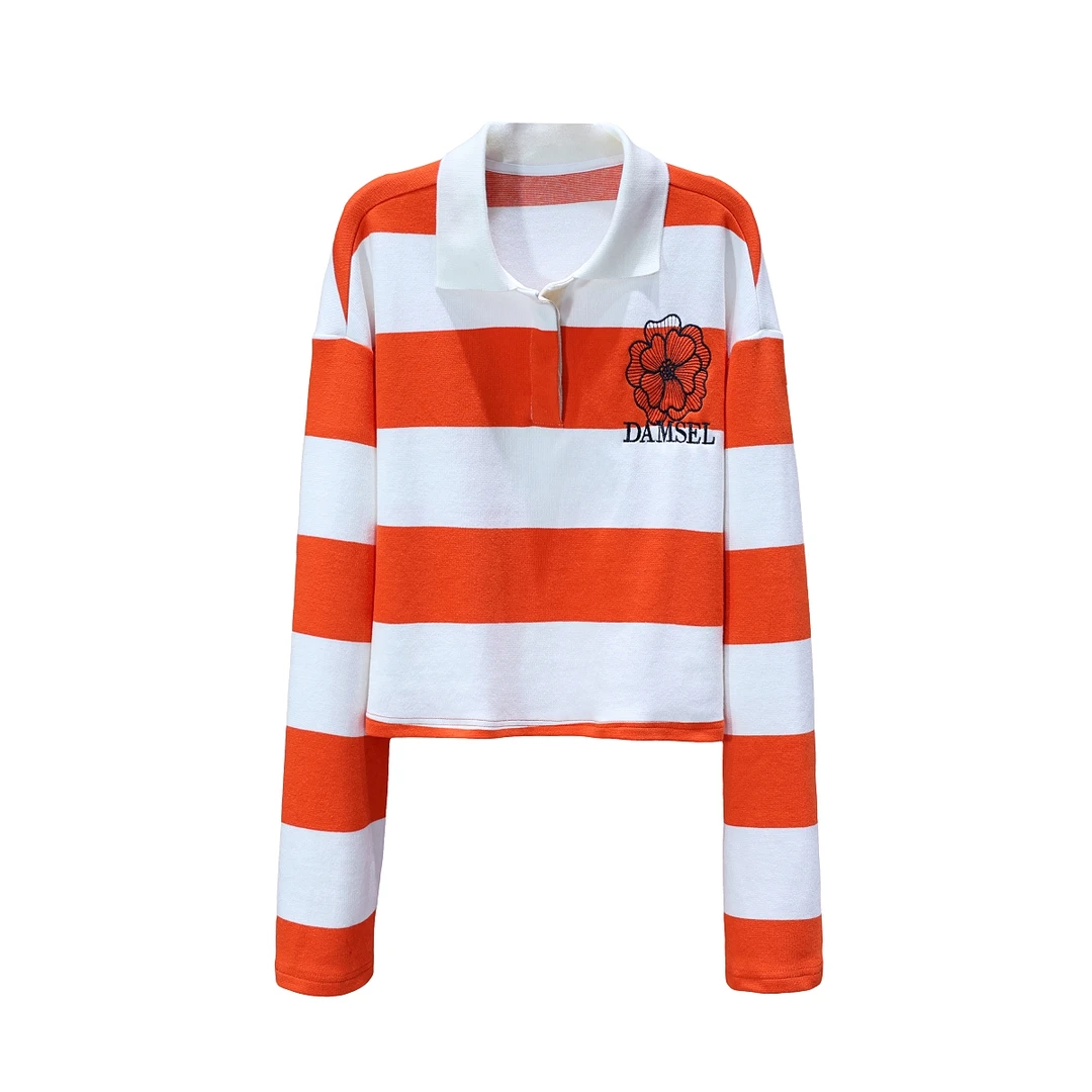 【韩哥女装】2025秋冬欧版设计爱玛橙条纹POLO领休闲卫衣6223-K1