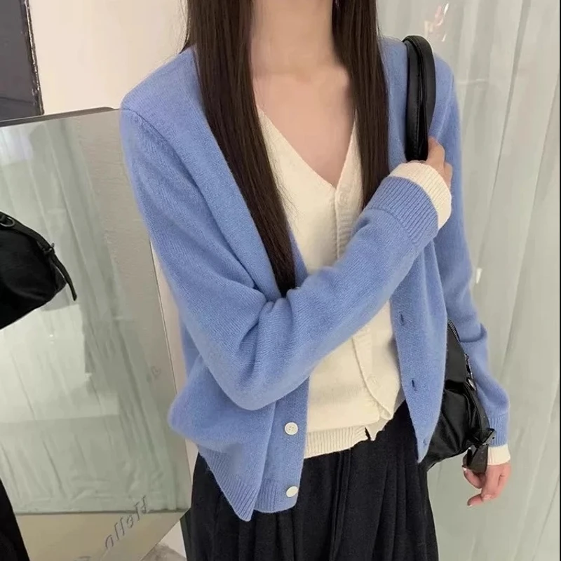 软糯毛衣撞色针织开衫显瘦假两件上衣v领韩系设计感长袖休闲