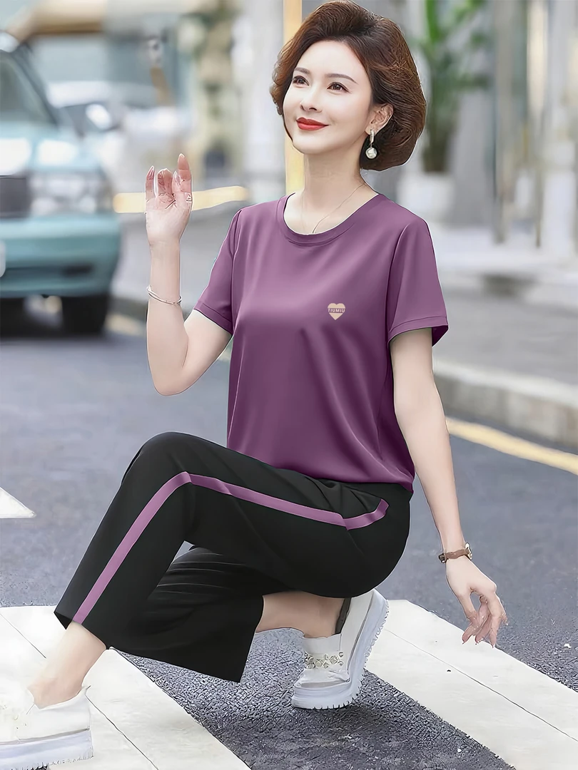夏季九分裤运动套装女士新款广场舞宽松休闲时尚洋气短袖大码上衣