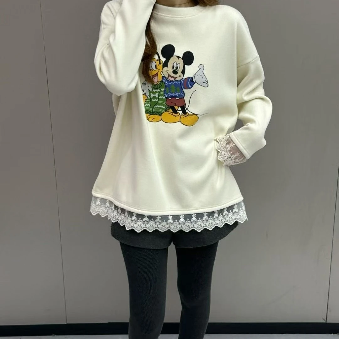 2025冬季欧货加绒蕾丝拼接磨毛米奇大版慵懒风打底单穿时尚T恤