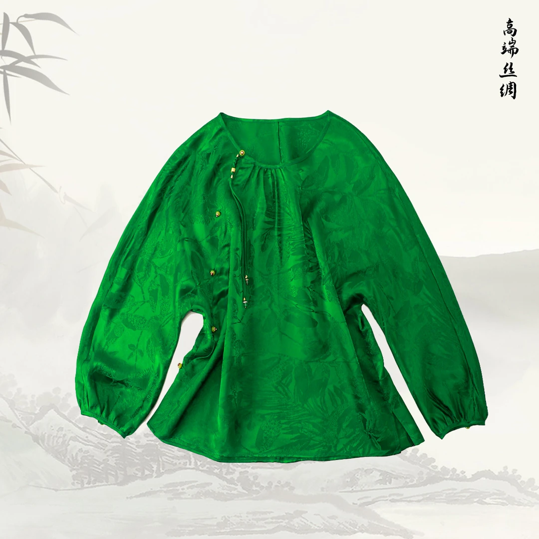 【枳荷】品牌新款复古国风吊坠真丝上衣百搭显瘦小衫519013