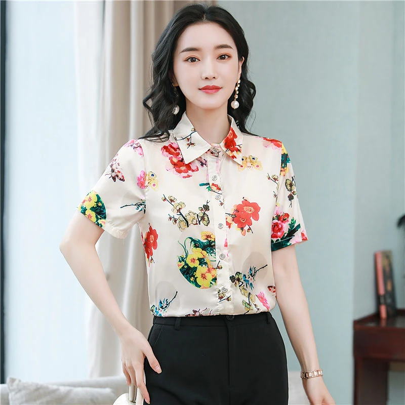 洋气真丝衬衫女上衣2024夏季新款气质显瘦高档桑蚕丝短袖印花小衫