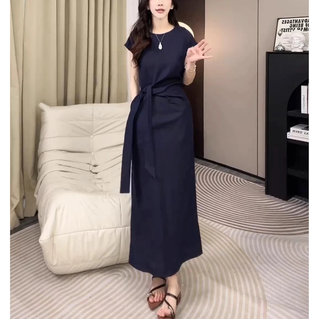 系带时尚法式设计拼接短袖休闲裙夏季新款收腰修身气质显瘦连衣裙