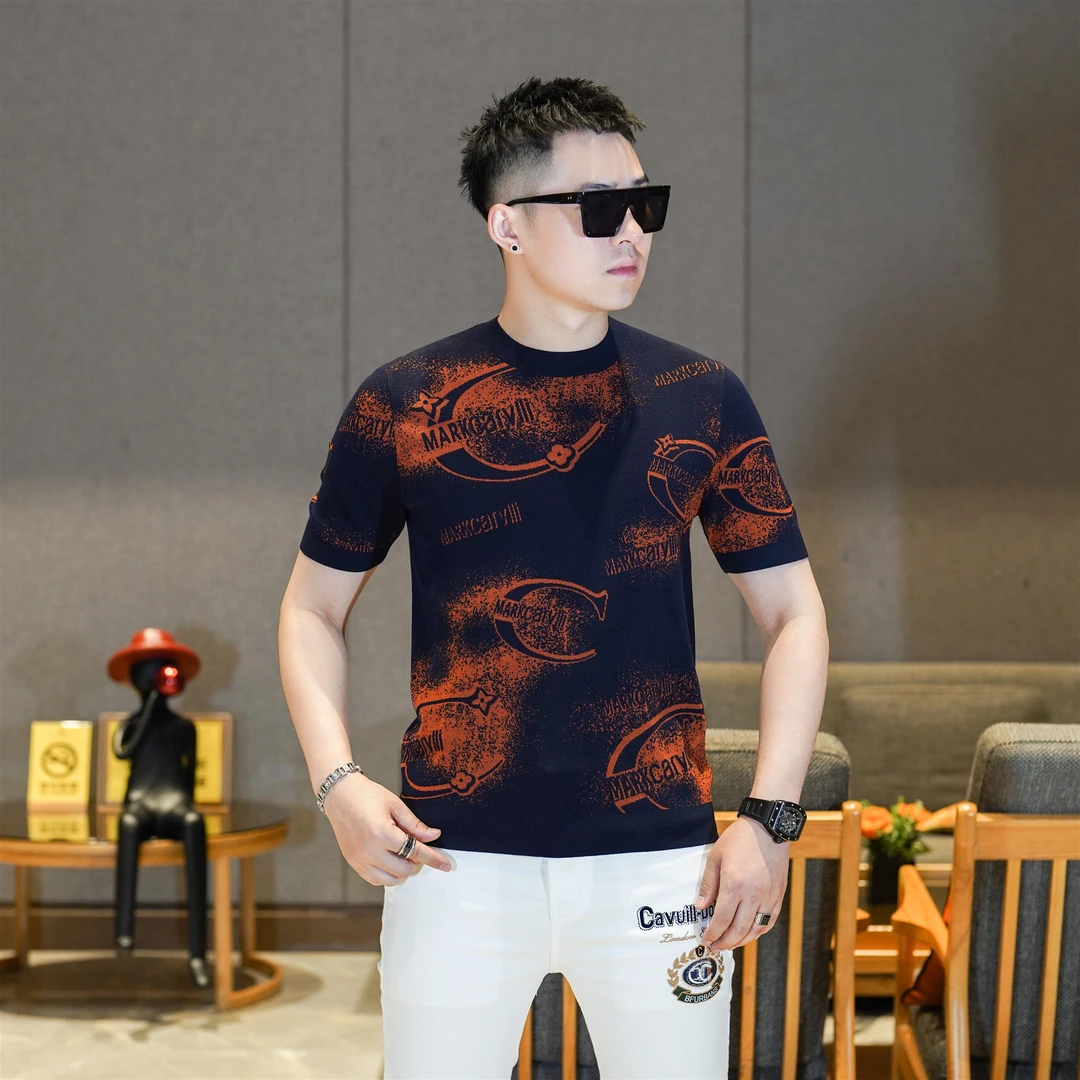 潮牌撞色圆领针织衫短袖毛衣打底衫修身休闲秋季上衣潮男GL88065