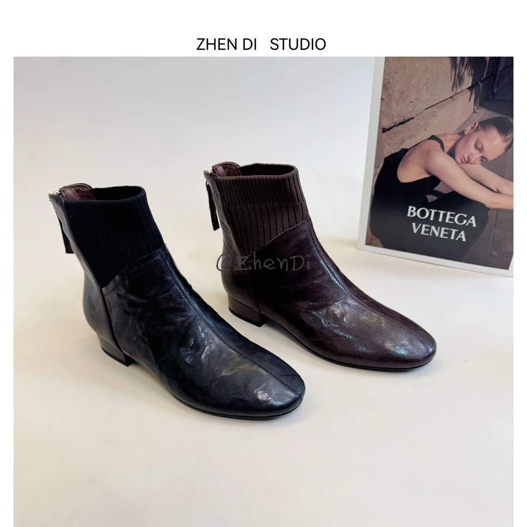 臻弟ZHENDI25冬季新款法式方跟方头弹力带短筒瘦瘦裸靴女靴51111