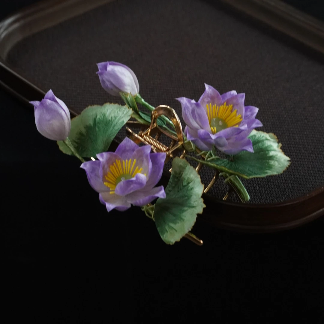 雍紫莲呢抓夹非遗绒花发夹南京绒花日常旗袍配饰绒花饰品