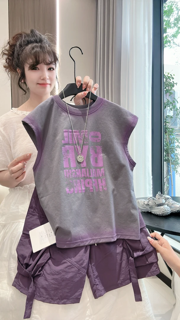 纯棉男童潮流印花无袖小飞袖中大童2025新款宽松洋气韩版潮酷