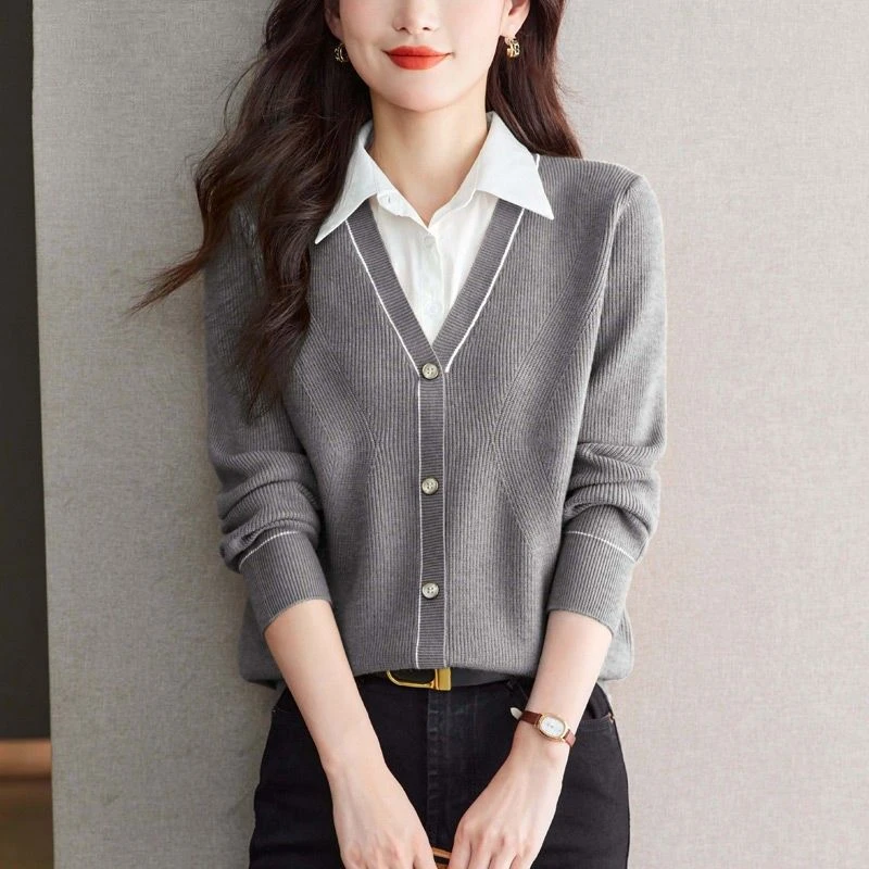衬衣领假两件开衫毛衣女2025年春秋冬针织气质长袖翻领打底衫上衣