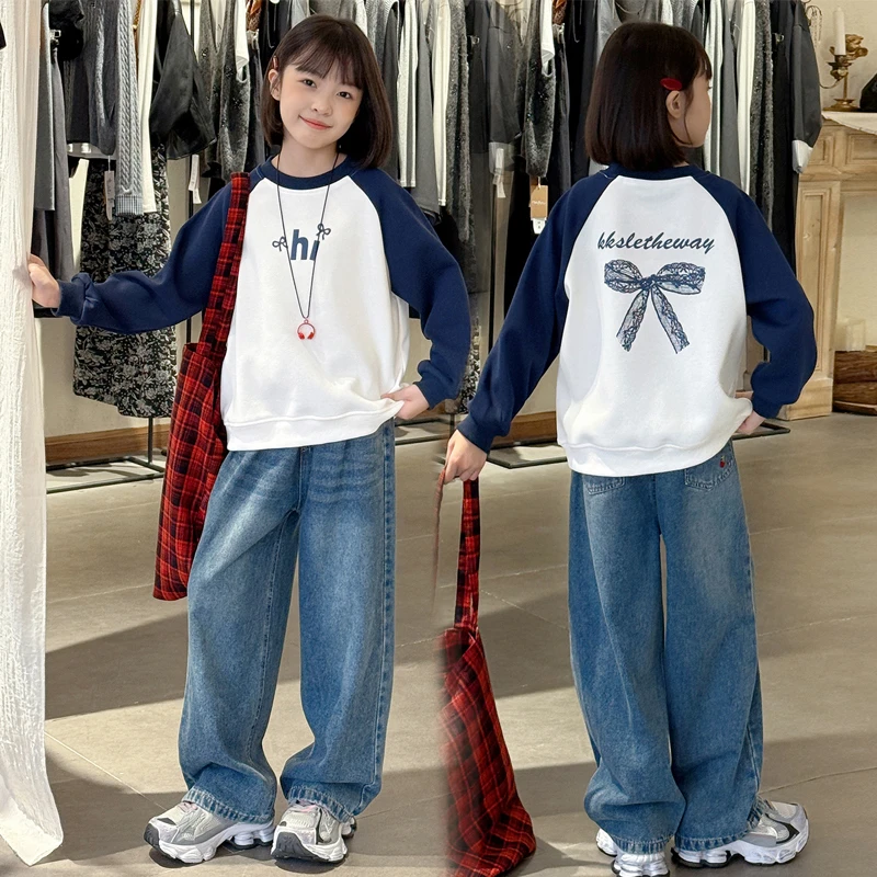 女童套装秋装2025洋气中大儿童圆领卫衣牛仔裤两件套春秋韩版潮搭