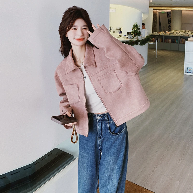烟粉色韩系气质复古麂皮绒短外套女2025春季新款百搭休闲工装夹克