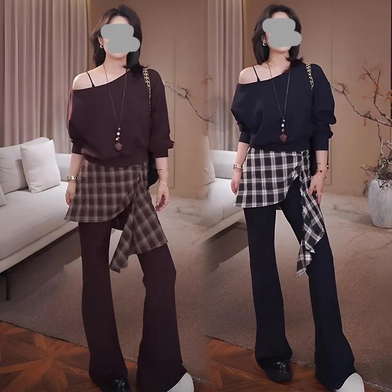 欧若风春秋一字领卫衣高级感休闲裤套装女欧若风显瘦卫衣休闲套装