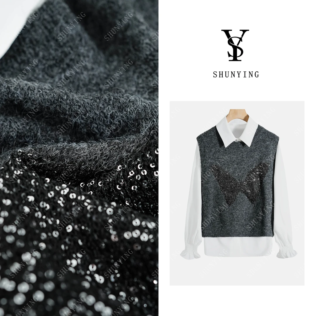 【仟娜】简约高级~时尚修身显瘦亮片马夹衬衫两件套SY66MJ5812