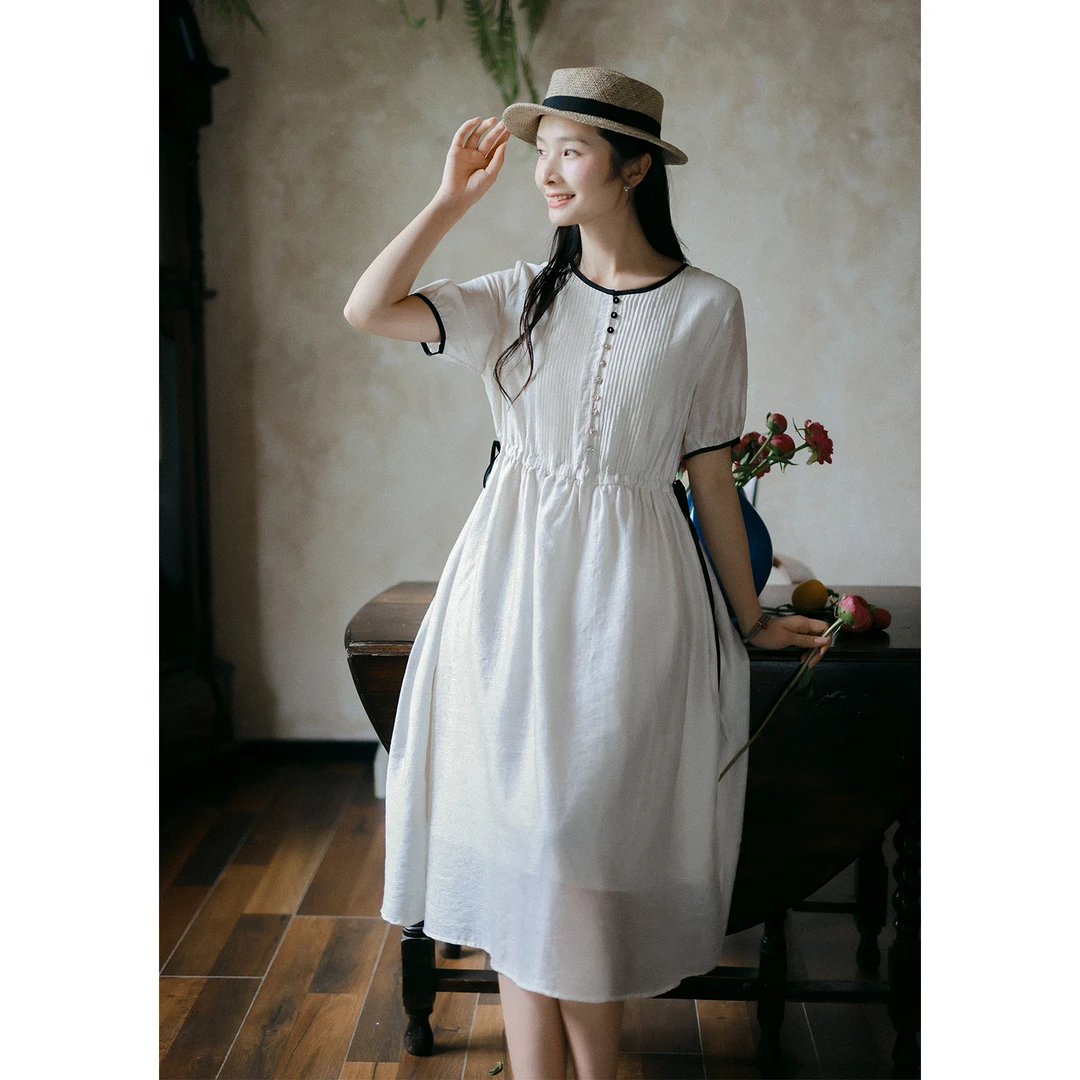 红念原创白色天丝连衣裙女休闲长裙夏季2025新款女装气质收腰裙子