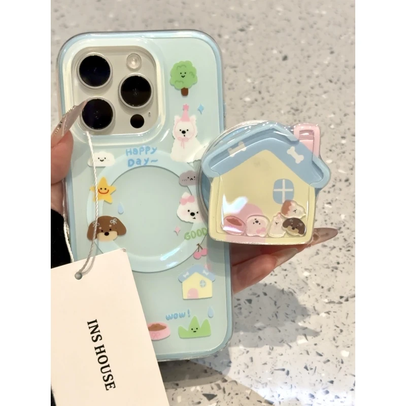 创意白色小狗房屋摇摇乐适用iphone16promax手机壳苹果15磁吸14