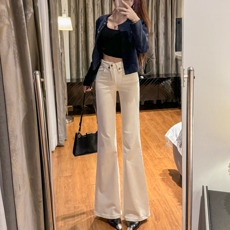 米白高腰微喇牛仔裤女2025夏季薄款显瘦弹力宽松垂感小个子喇叭裤