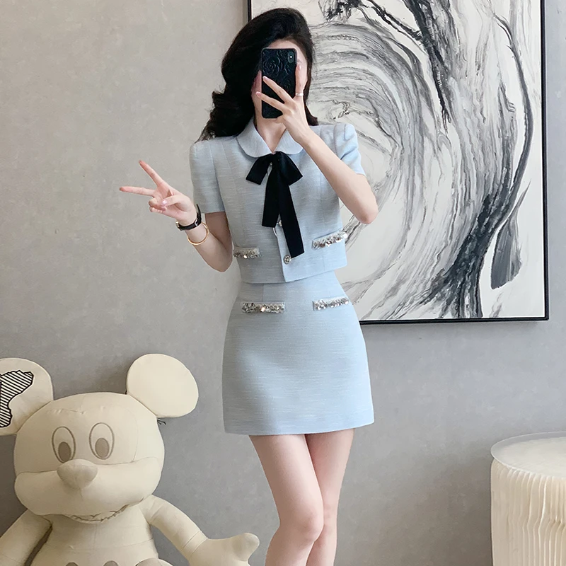 夏季浅蓝色小香风套装裙女夏新款气质高级感千金风减龄显白两件套