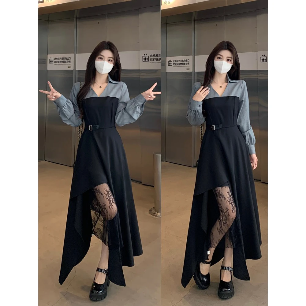 MO88ZSPF2025秋季新款胖mm拼接衬衫裙蕾丝不对称长袖连衣裙子女