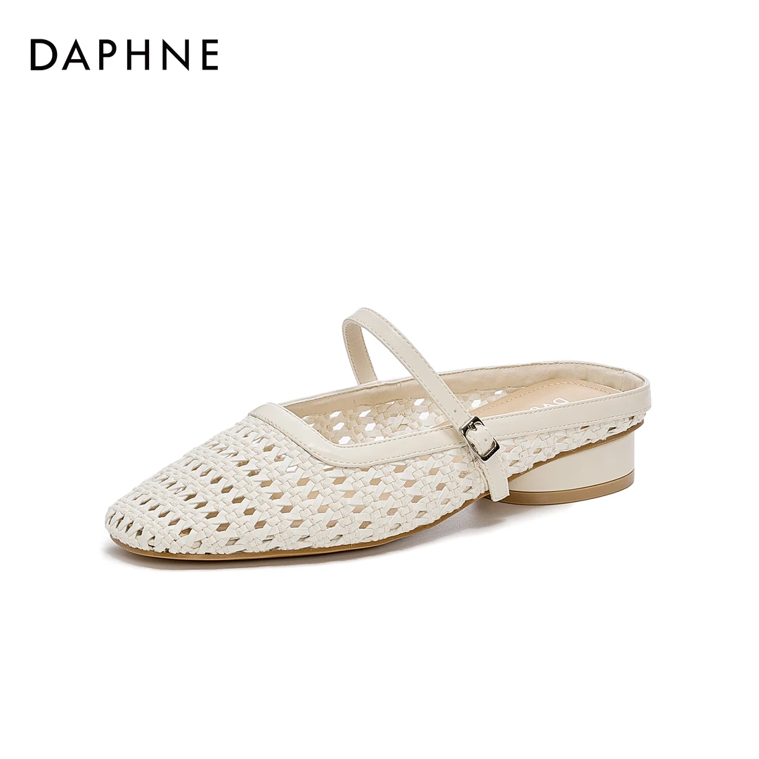 达芙妮韩版镂空编织包头拖仙女风凉拖夏季网红半拖尖头时尚低跟