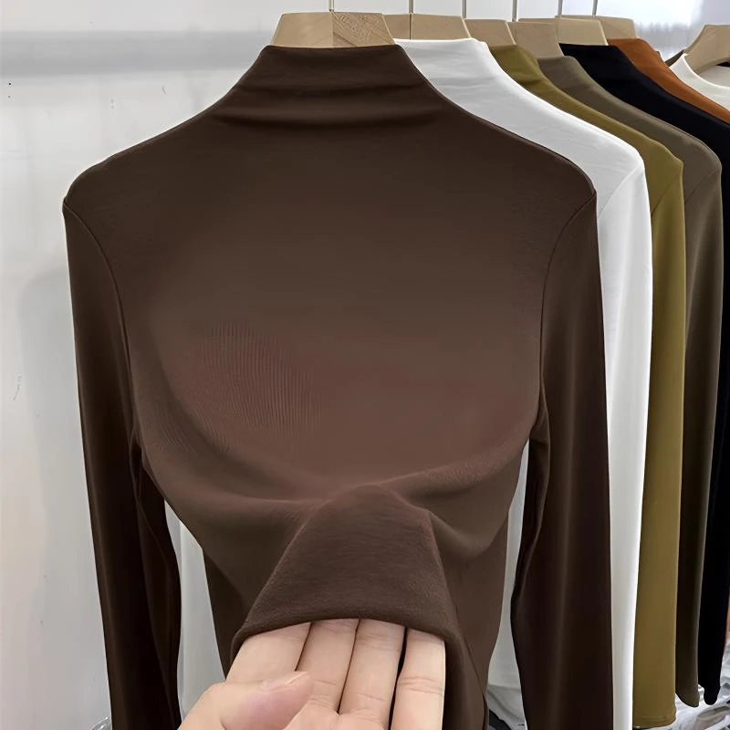 半高领正肩打底衫女秋冬T恤叠穿洋气内搭紧身中领加薄绒磨毛上衣