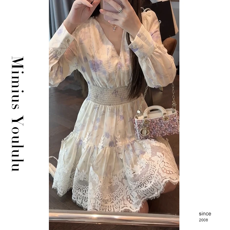 【mimius】&婷婷 温柔风V领收腰蕾丝拼接连衣裙 G03188