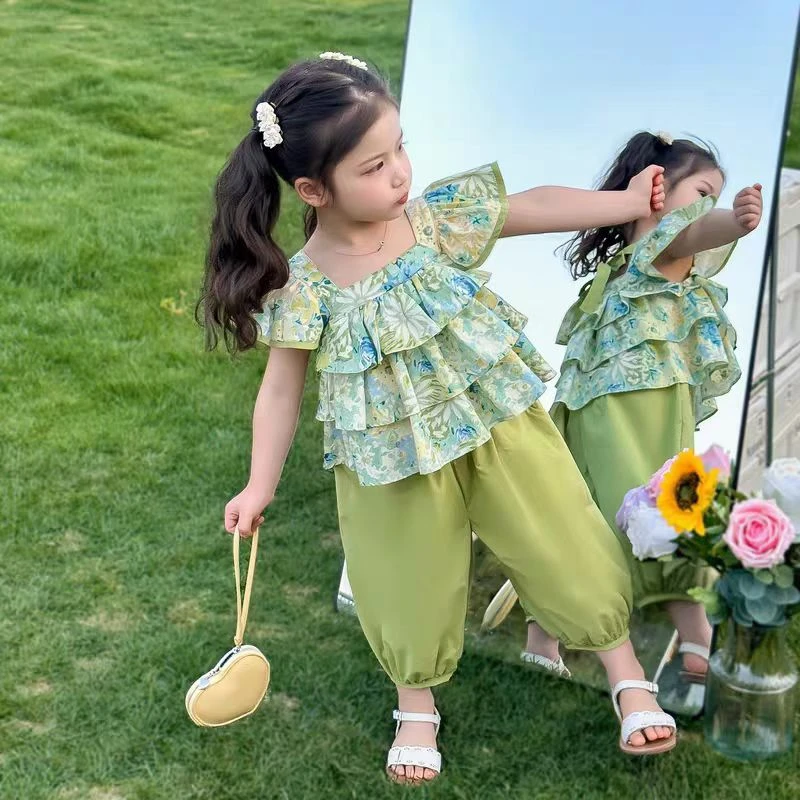 8602女童田园花朵灯笼裤套装夏季新款时尚小女孩洋气两件套中小童