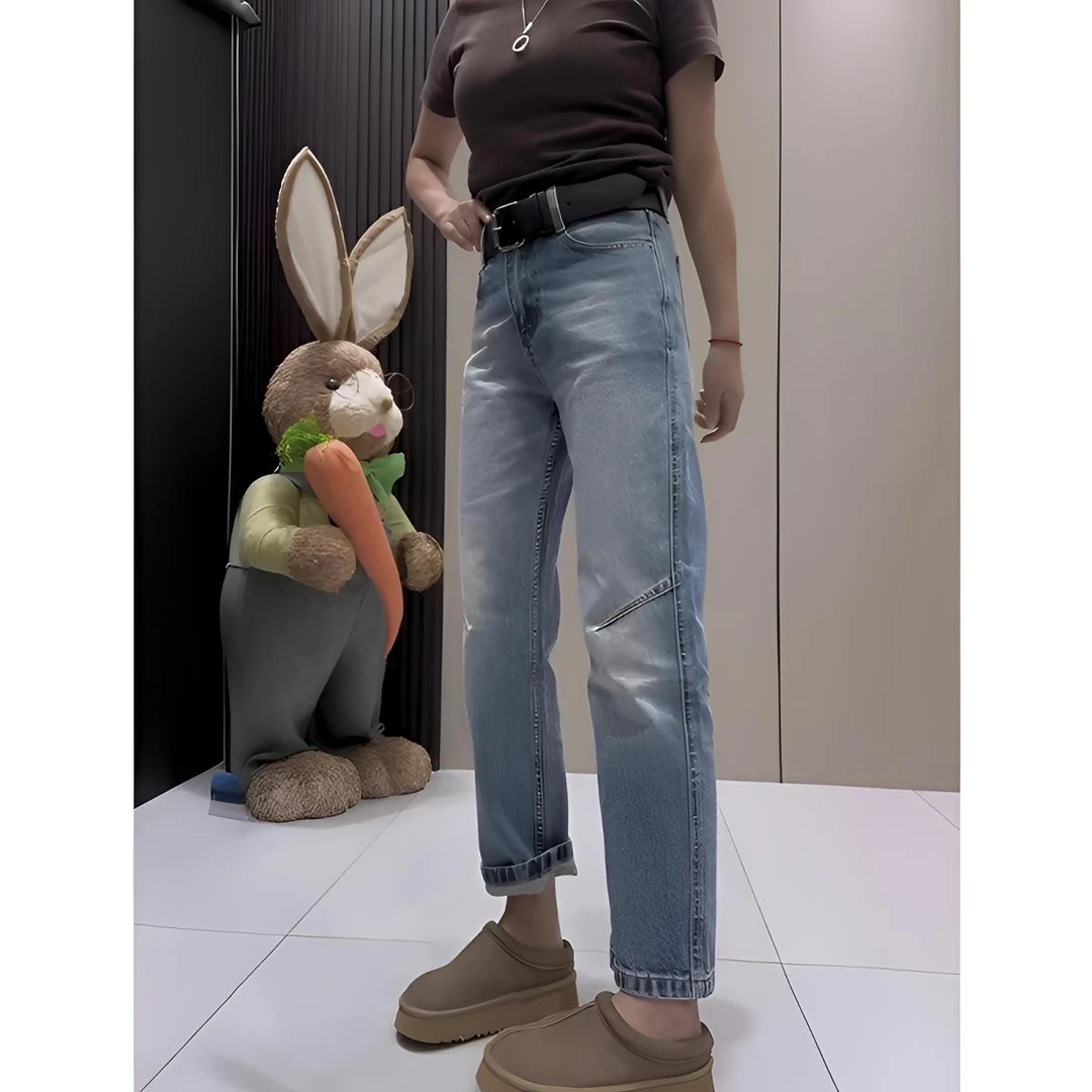 2025春季新款高腰显瘦遮肉直筒牛仔裤大码女装九分欧货窄版烟管裤