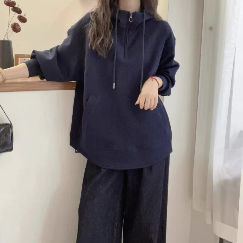 韩版大码女装纯色简约上衣秋季潮流慵懒风个性长袖连帽卫衣462238