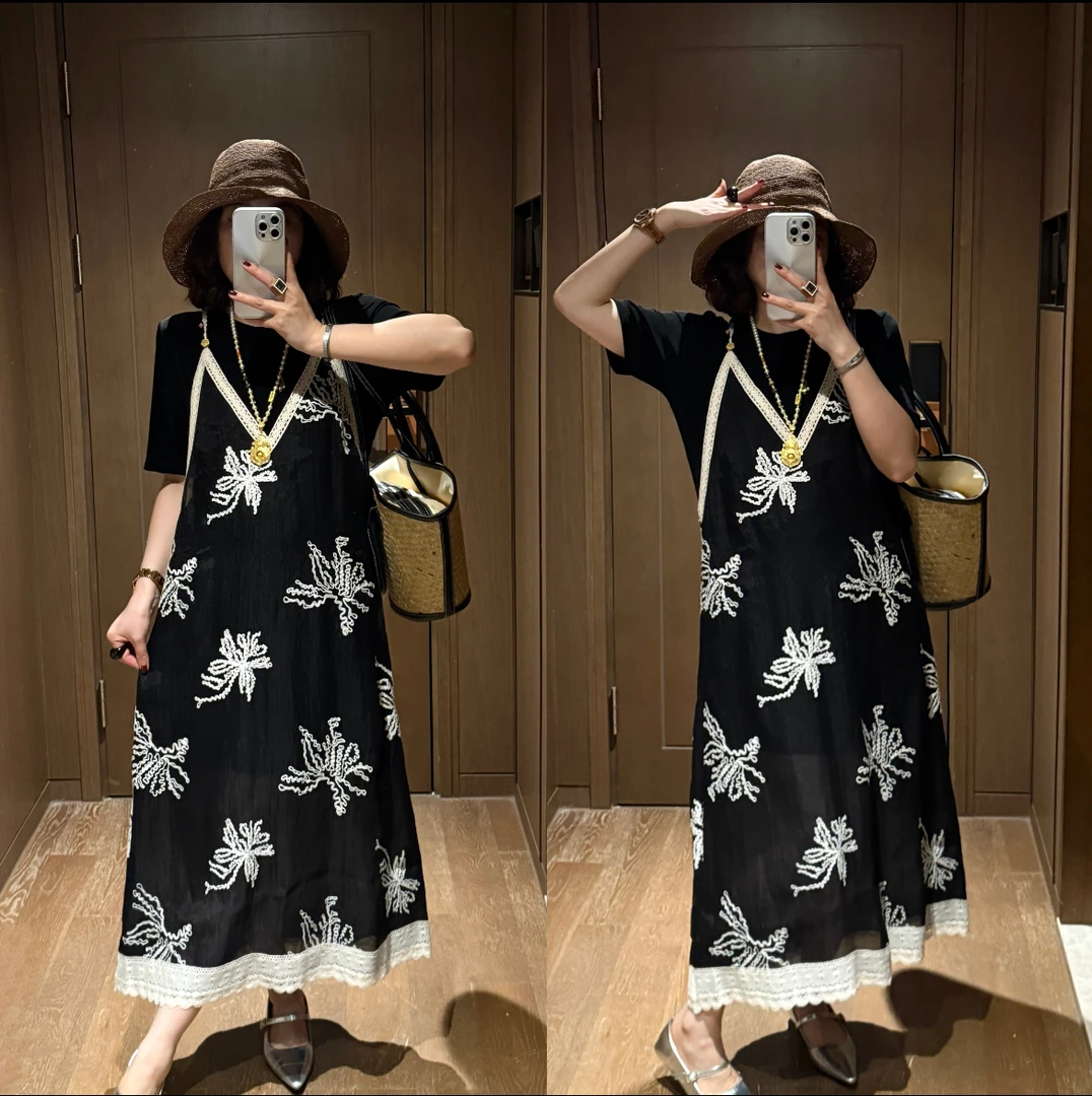 YDFSTUDIO小众【仲夏夜纱】欧货高品重工设计感T恤+刺绣吊带裙套装