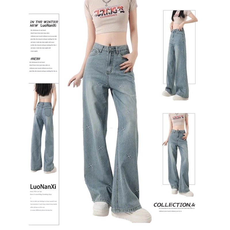 300斤胖mm刺绣直筒牛仔裤女2025秋季新款大码女装宽松显瘦阔腿裤