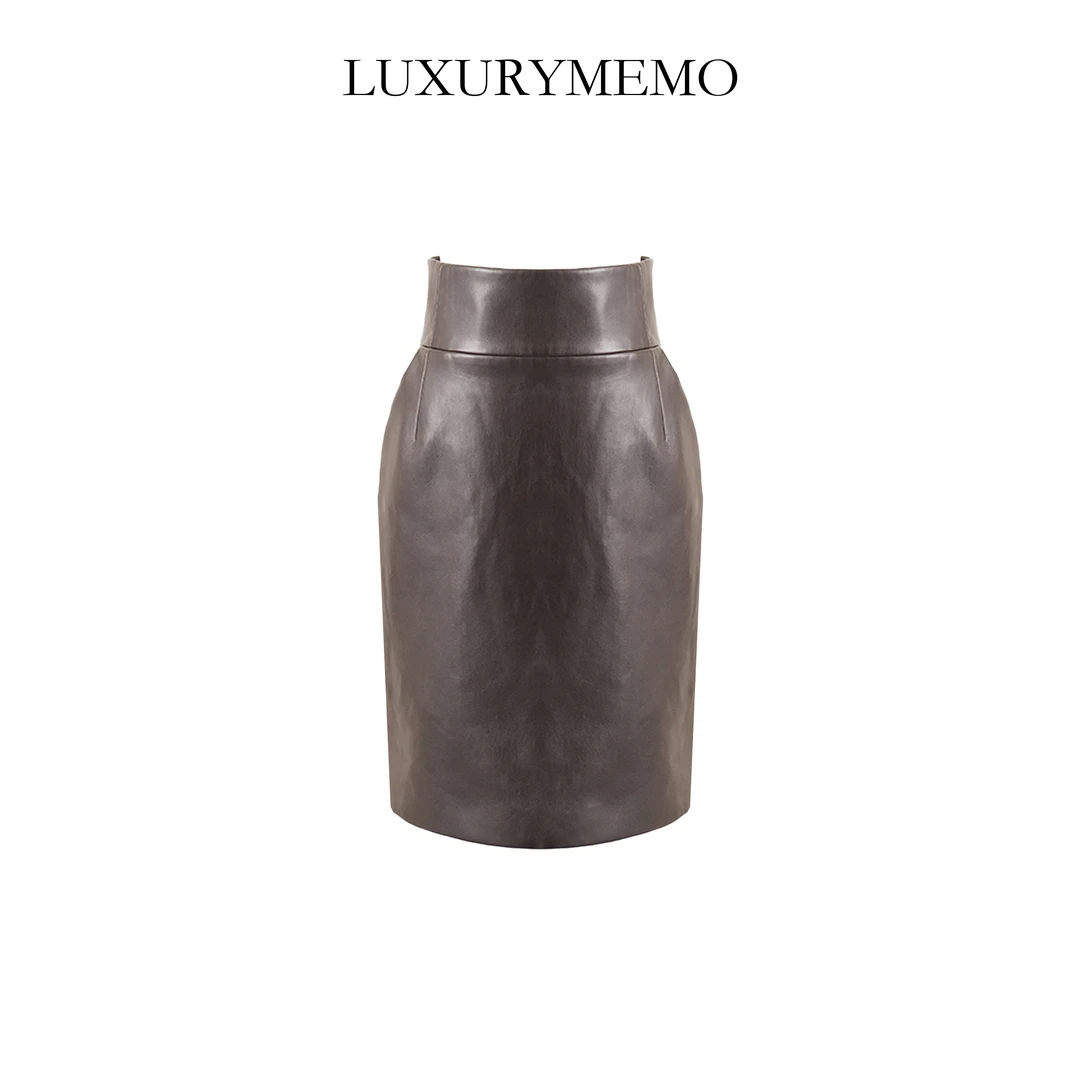LUXURYMEMO【刘熊熊】咖色高腰包臀半身皮裙