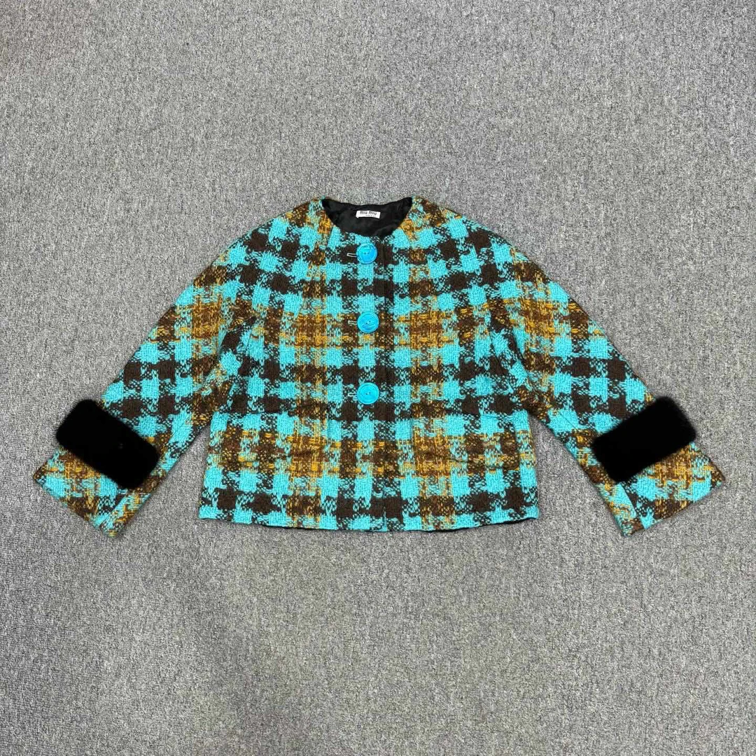 99新 MIU MIU/缪缪 16242624 nz 蓝绿色格纹羊毛外套 40码99新