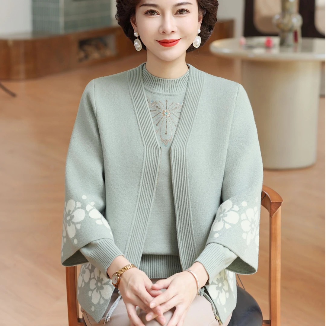 正品妈妈装新款国风中式两件套针织中老年女春秋毛衣开衫外套女装