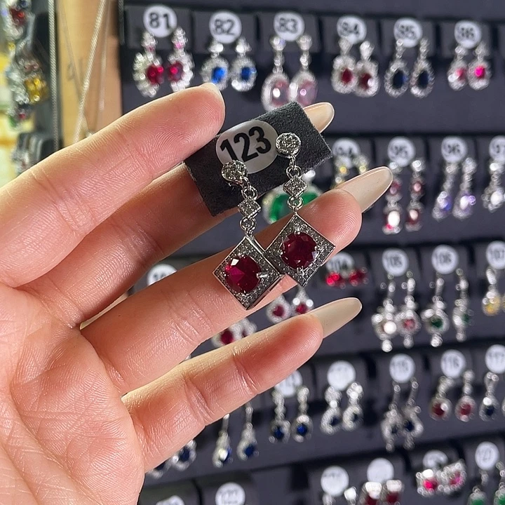 耳饰银S925镶嵌红宝石123